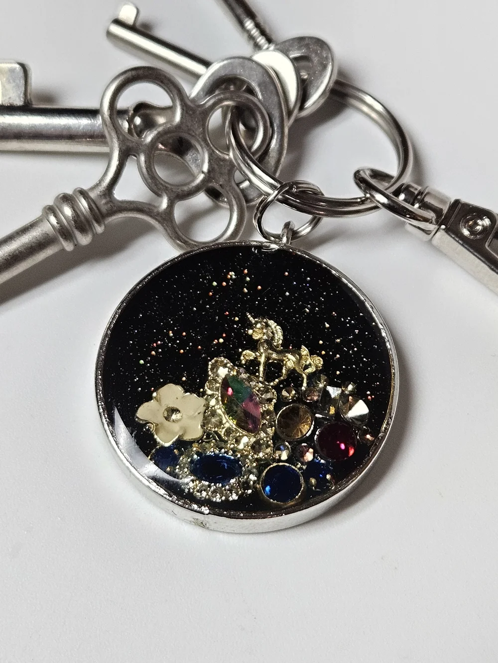 Gold Unicorn In Outer Space Crystal Mountain Round Keychain Bag Charm